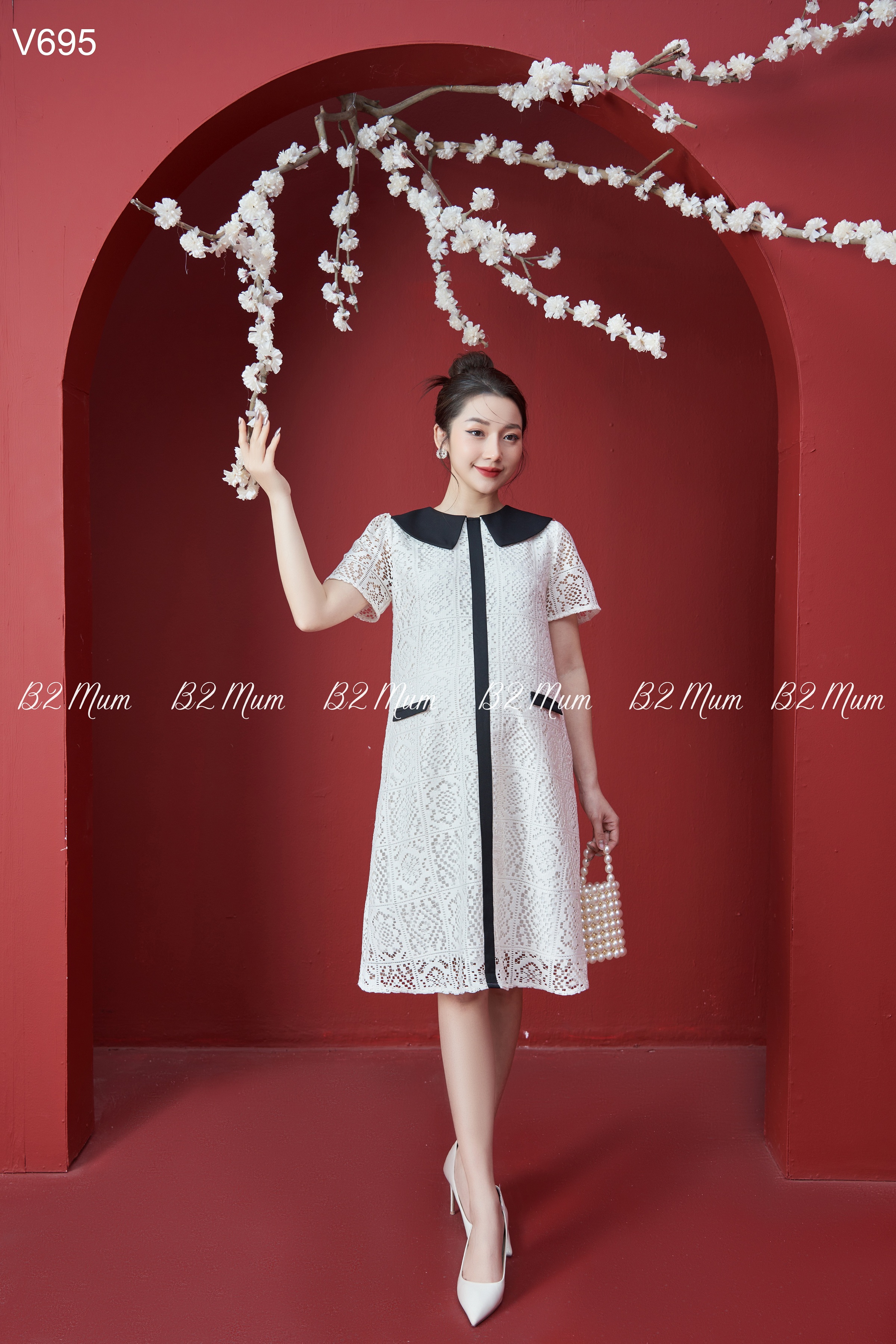 Váy bầu thiết kế váy ren phối cổ v695 b2mum