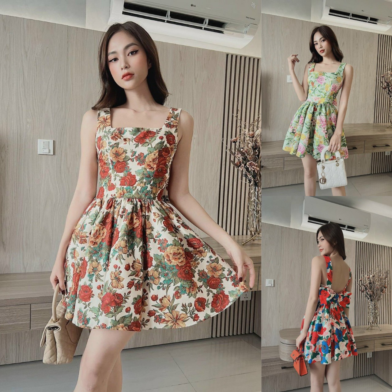 Đầm nữ 2 dây dáng xòe ngắn đính nơ lưng họa tiết hoa cực đẹp