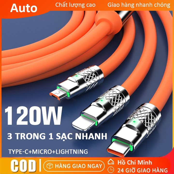 Cáp sạc nhanh 3 đầu 120w hỗ trợ sạc nhanh 3 trong 1 - tất cả loại đầu sạc usb, micro usb, type c, lightning - cápsạc