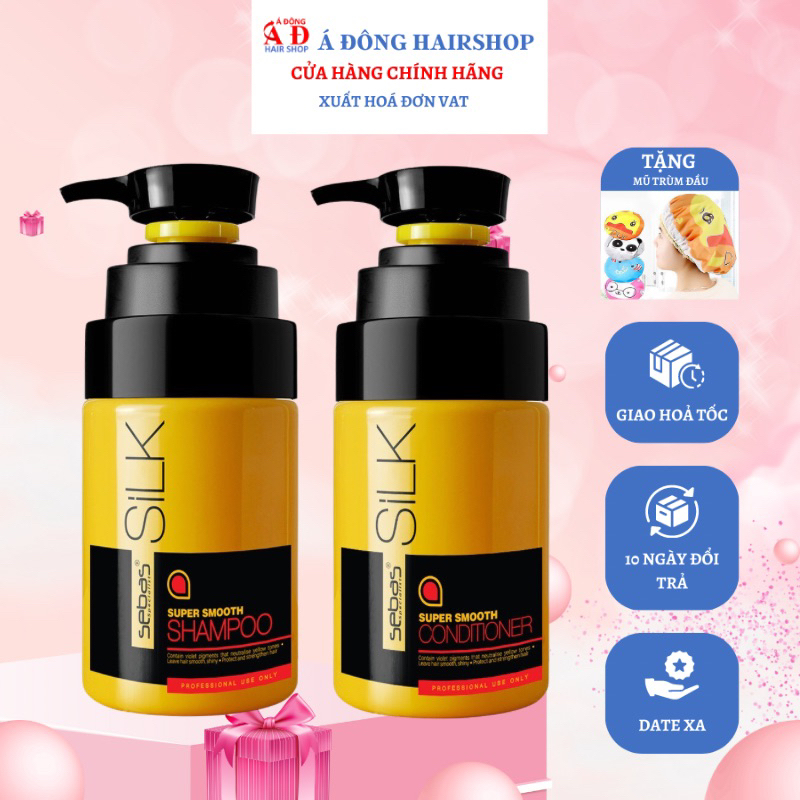 Bộ dầu gội xả dưỡng ẩm tóc khô, suôn mượt tơ tằm Sebas Silk Super Smooth 500ml