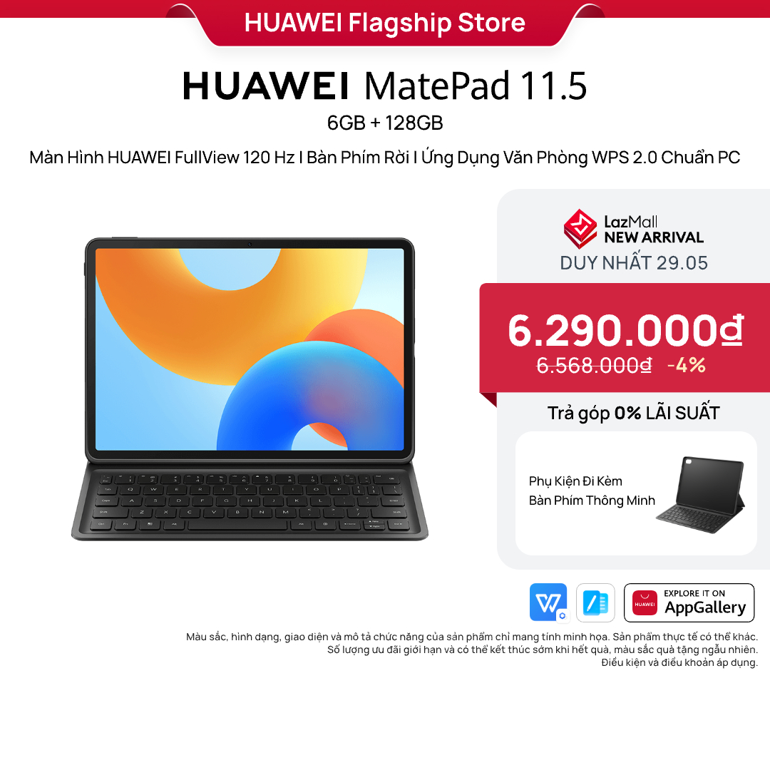[DUY NHẤT 29.5] Máy tính bảng HUAWEI MatePad 11.5 | 6GB+128GB | Màn Hình HUAWEI FullView 120 Hz | Bàn Phím Rời | Ứng Dụng Văn Phòng WPS 2.0 Chuẩn PC