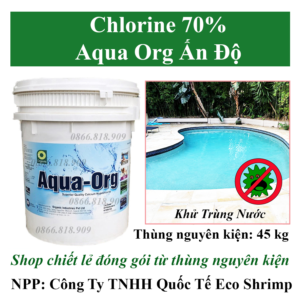 1 kg chlorine 70% ấn độ aqua org - clo xử lý nước