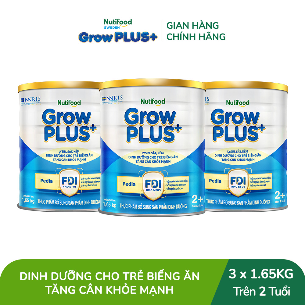 Combo 3 Sữa Bột Nutifood GrowPLUS+ Biếng Ăn (Xanh) 2+ - Hỗ Trợ Kích Thích Ngon Miệng, Tăng Cân Khỏe Mạnh (3 Lon 1,65 Kg)