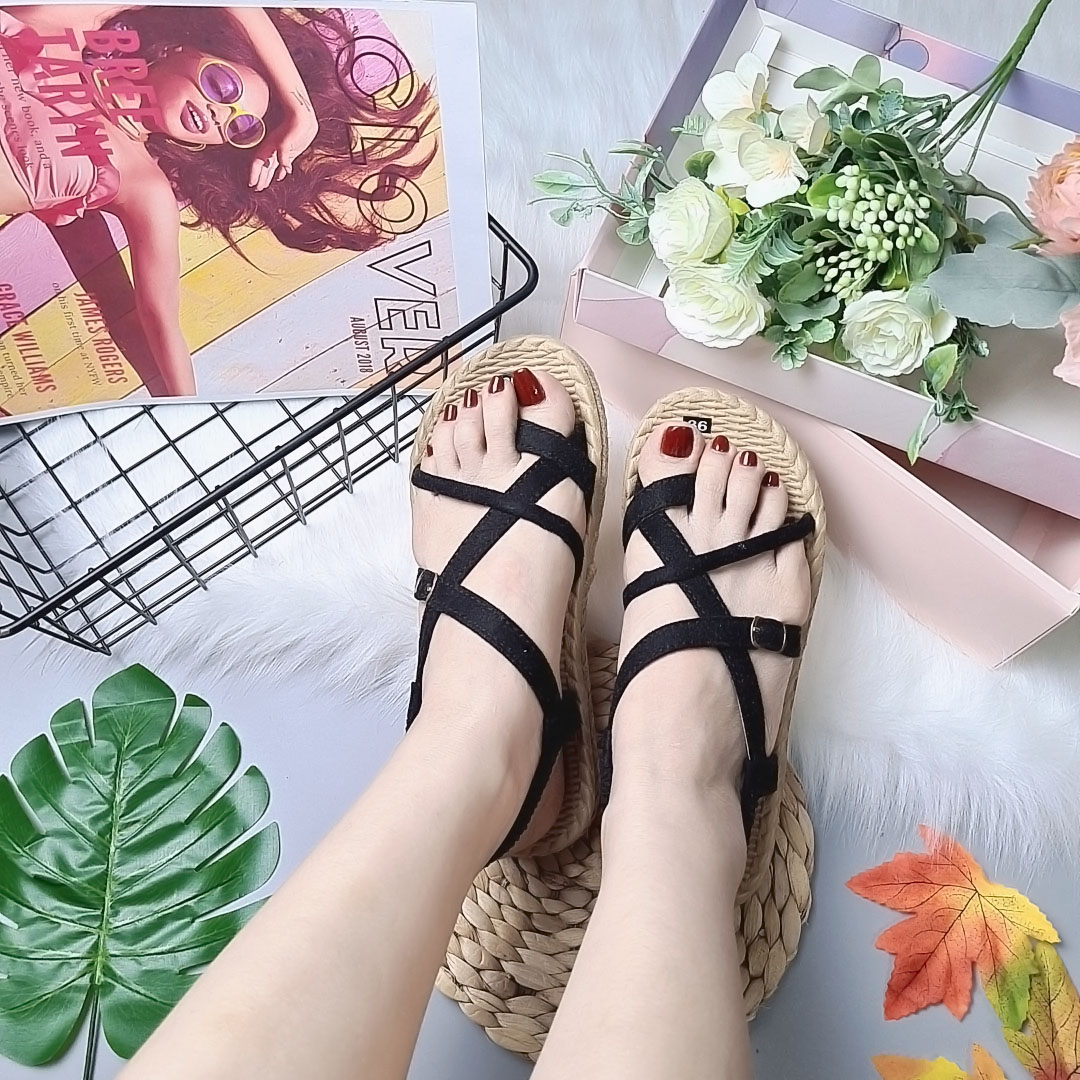 Giày sandal nữ quai chéo đế cói thật phong cách chiến binh đi chơi