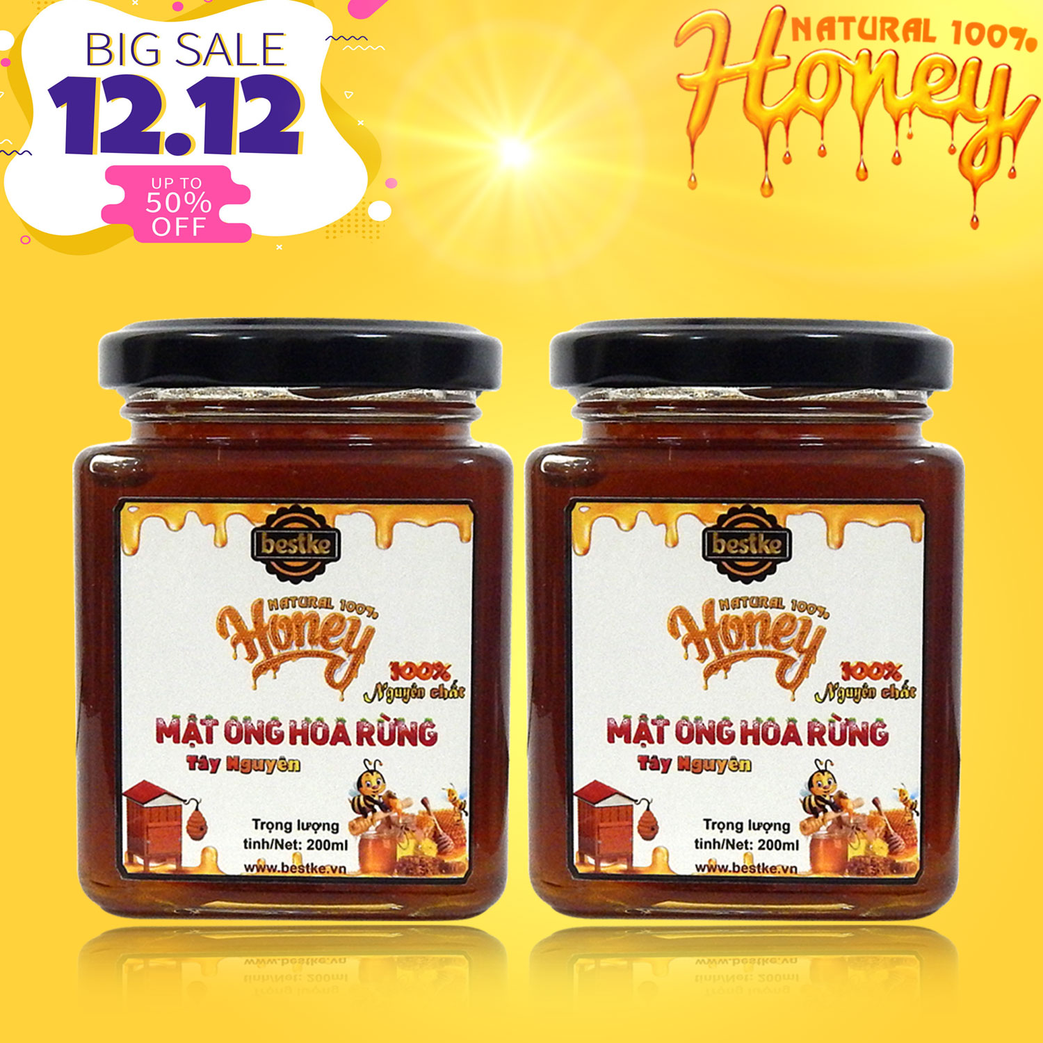 mật ong nguyên chất , Combo 2 hũ = 560g Mật ong , mỗi hũ 200ml = 280g, Cam kết mật ong thật, Honey bestke, Tuti