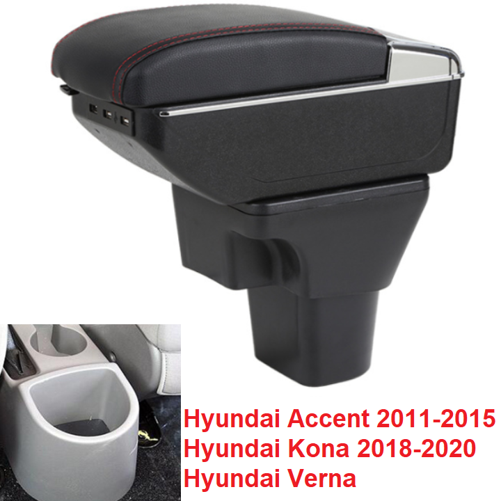 Hộp tỳ tay ô tô, xe hơi cao cấp DUSBV-D tích hợp 7 cổng USB dùng cho xe Hyundai Accent  2011-2015 và Hyundai Verna,Hyunda Kona ( Màu đen chỉ đỏ)