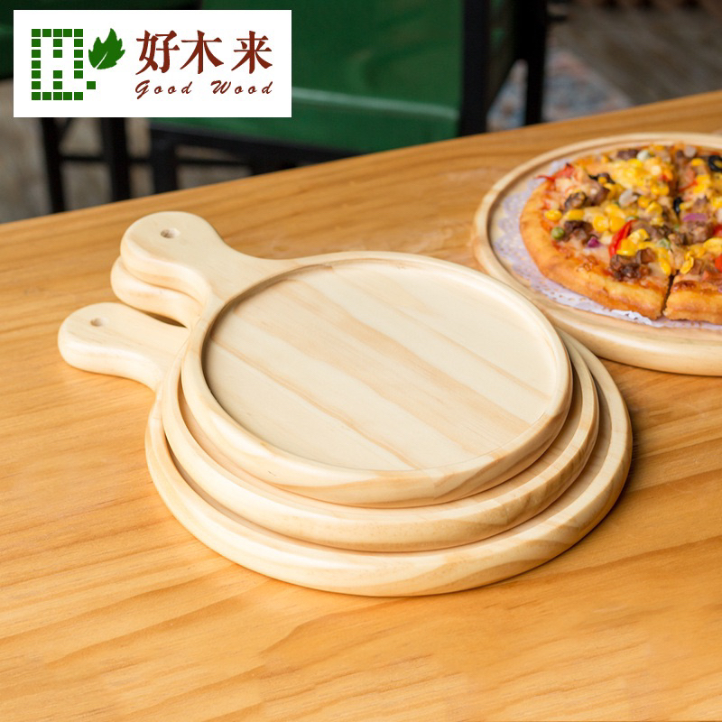 Khay gỗ tròn có tay cầm, thớt gỗ đựng bánh pizza, món ăn