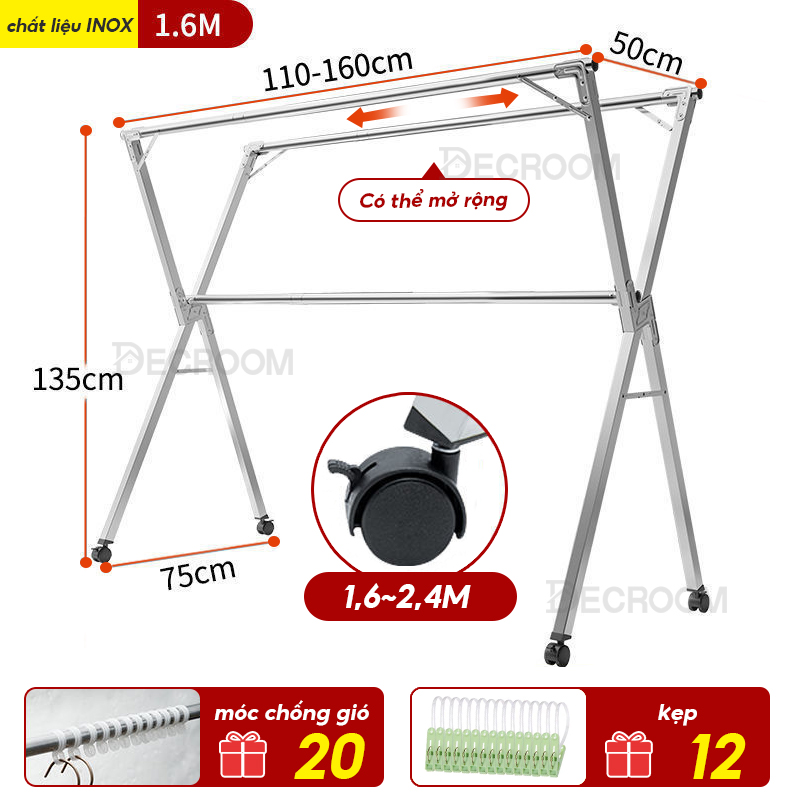 DECROOM Giàn Phơi Quần Áo Thông Minh, Sào Phơi đồ Inox Gấp gọn kiểu dáng giá phơi đồ có bánh xe tặng 20 móc treo cố định Xào Phơi Quần áo