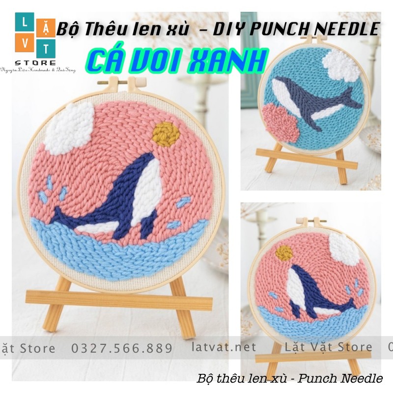 [HCM]Bộ Thêu Len Xù Cá Voi Xanh DIY Punch Needle Whale có hướng dẫn
