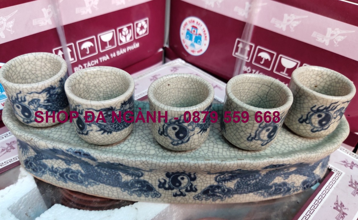 Bộ kỷ 5 chén nước thờ cúng, men rạn