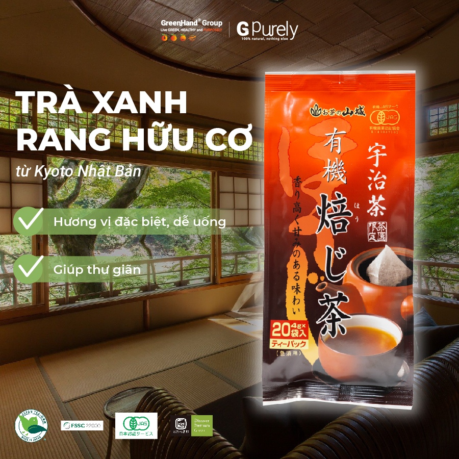 Trà xanh rang Houjicha hữu cơ Yamashiro cao cấp - 20 túi lọc 4g - Không caffeine, hương nhiều lợi ích sức khỏe