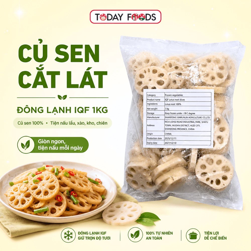 Củ Sen Cắt Lát Đông Lạnh IQF 1kg – Rau Củ Đông Lạnh Tiện Nấu Lẩu, Xào, Kho, Chiên