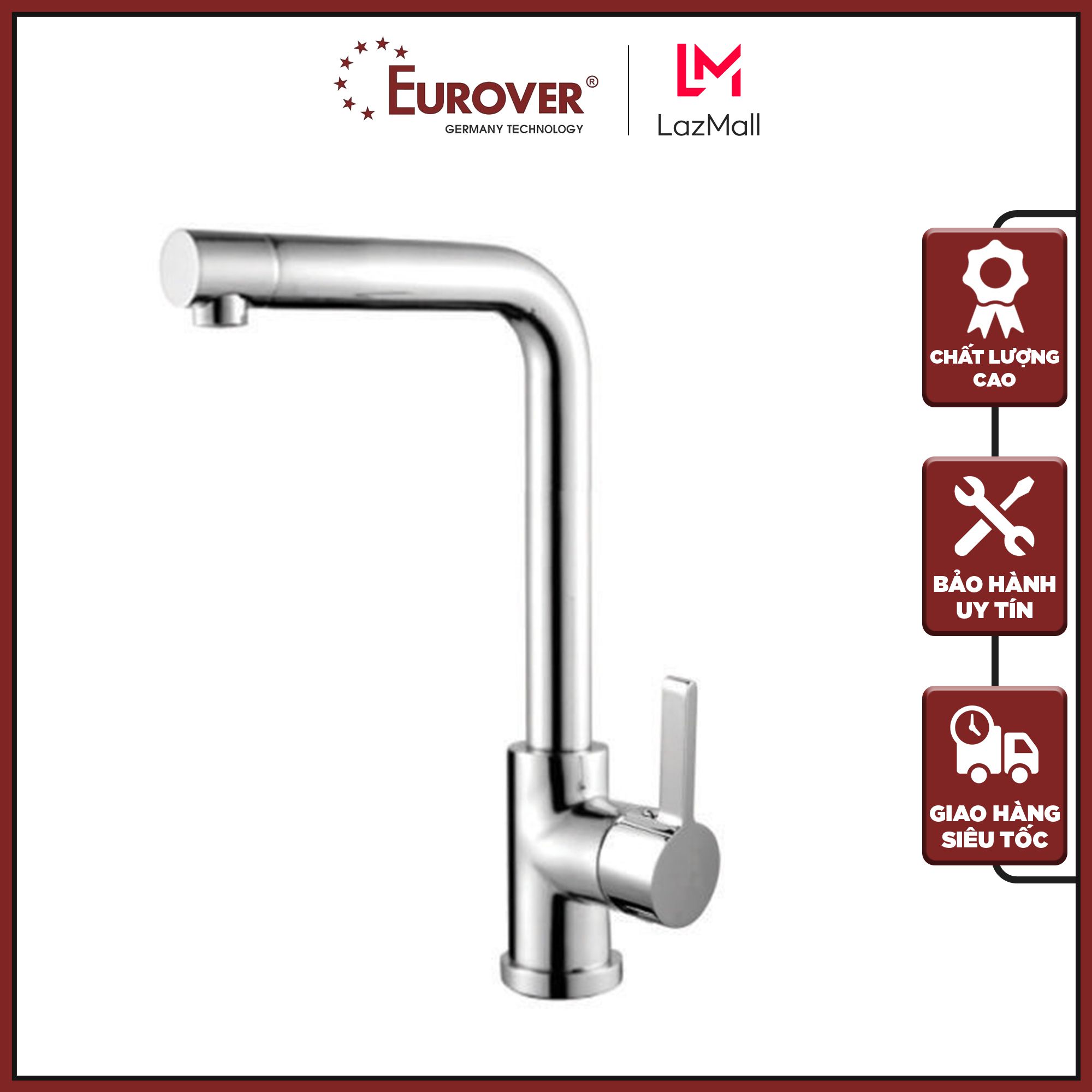 Vòi nước rửa chén bát nóng lạnh đồng thauc mạ niken+crome 3 lớp Eurover PLE-6129 chất lượng cao cấp xoay 360 độ, đạt tiêu chuẩn Châu Âu, bảo hành 5 năm