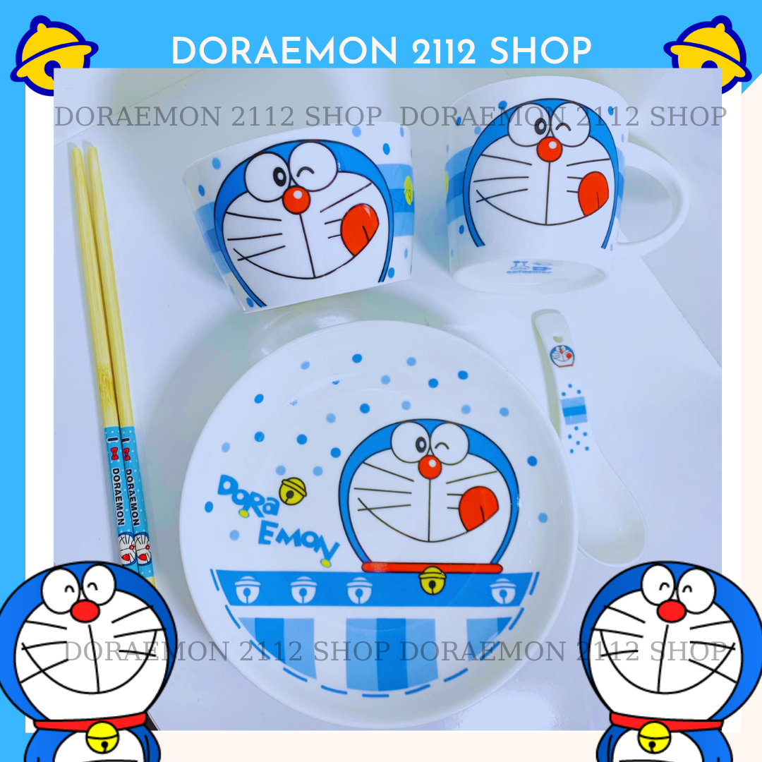 Bộ dụng cụ ăn uống 5 món Dĩa-Chén-Ly-Muỗng-Đũa sứ Doraemon