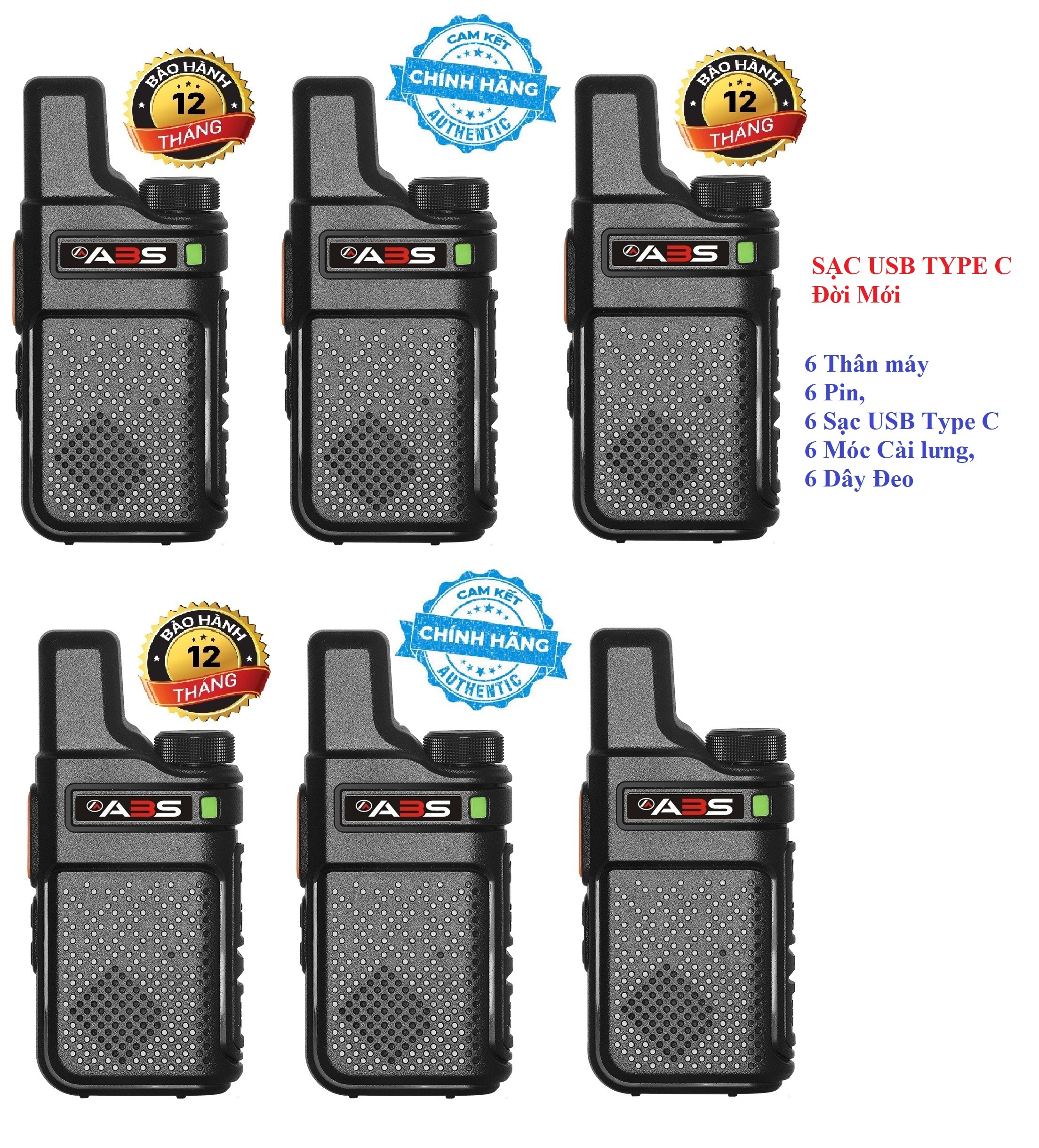 Bộ 6 Chiếc Bộ đàm siêu nhỏ, Mini Sạc USB Type C Đời Mới chất lượng khủng ABS AB900 (Giá rẻ, bền bỉ)