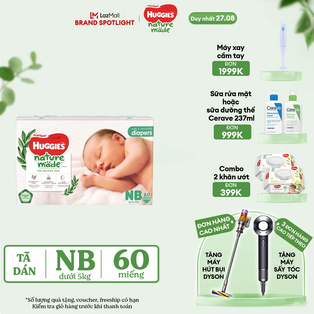 [CHỈ 27.8 GIẢM THÊM 40K] Tã/Bỉm dán sơ sinh Huggies Platinum NatureMade NB60 (dưới 5kg)-Gói Jumbo 60 miếng
