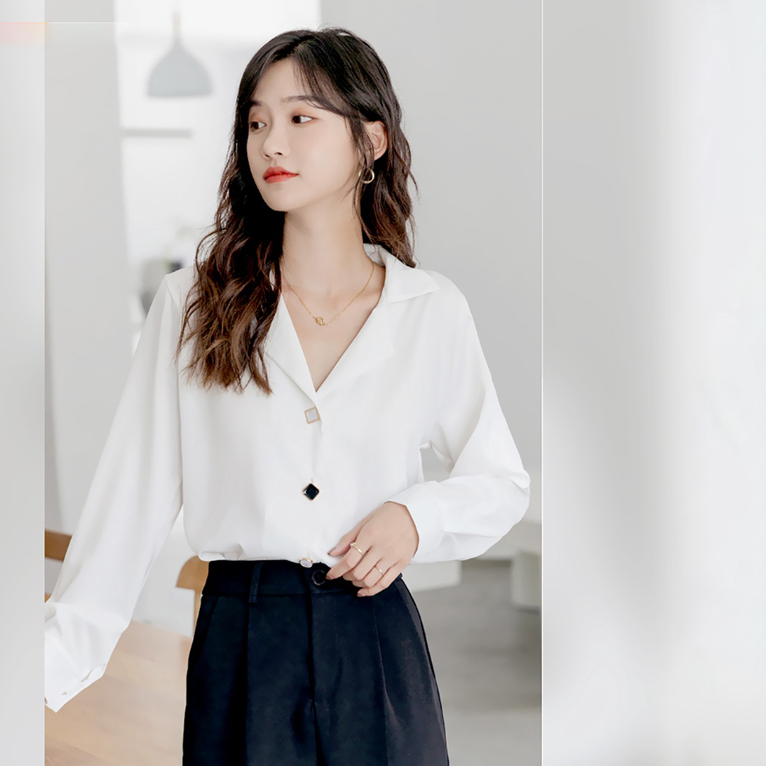 Áo sơ mi nữ cổ vest GINDY lụa ngọc trai cúc đá vuông tay dài dáng basic sang chảnh, thời trang công sở, học sinh, sinh viên A10110