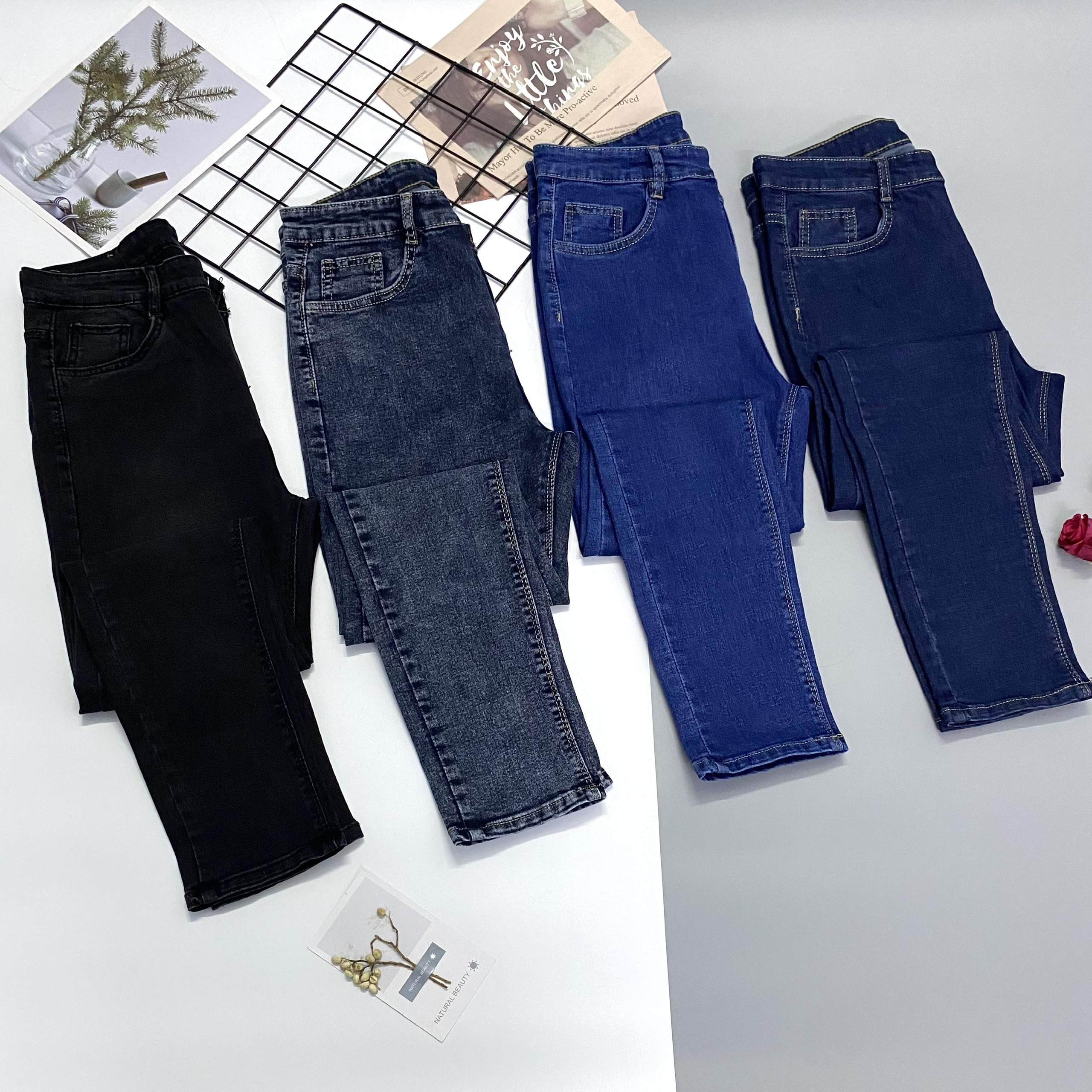   FREESHIPMAX Quần jean nữ lưng cao màu xám khói đen  Quần jean nữ lưng cao GOZ quần bò cạp cao trơn dài skinny jeans bigsize từ 40-100kg 