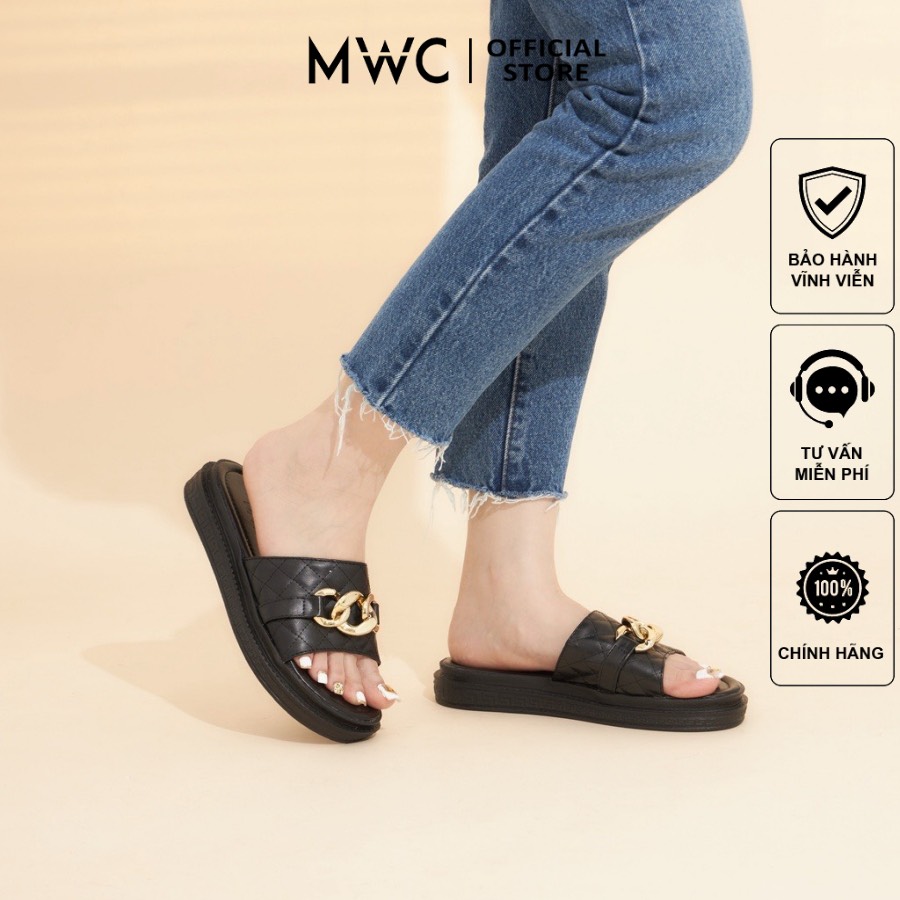 Dép Nữ Thời Trang MWC Đế Bằng 3cm Quai Ngang Phối Xích Siêu Hot Màu Đen Kem NUDE- 8075