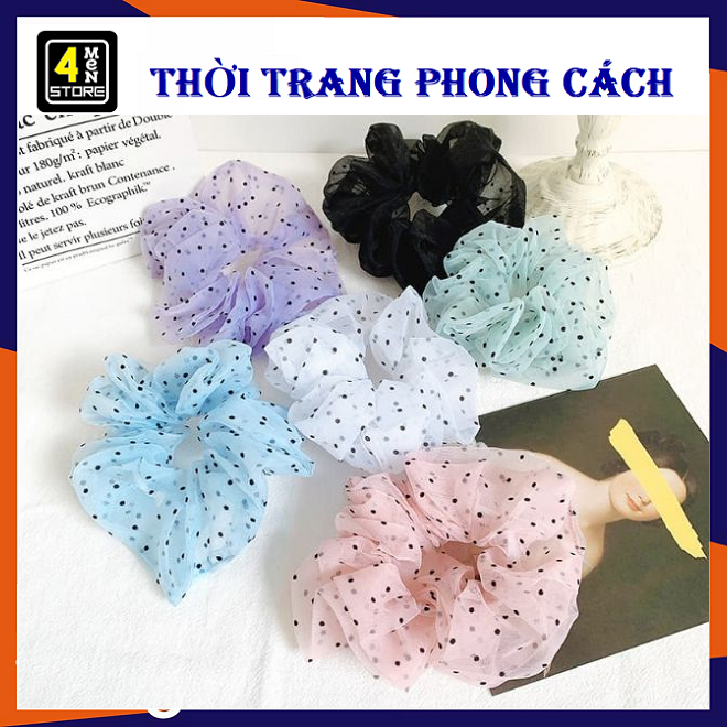 ⚡ Hot Trend ⚡ Dây Buộc Tóc Vải Voan ( Lưới ) In Chấm Bị Đen Giá Rẻ - Scrunchies In Chấm Bi Đen Dễ Thương (Nhiều Màu)