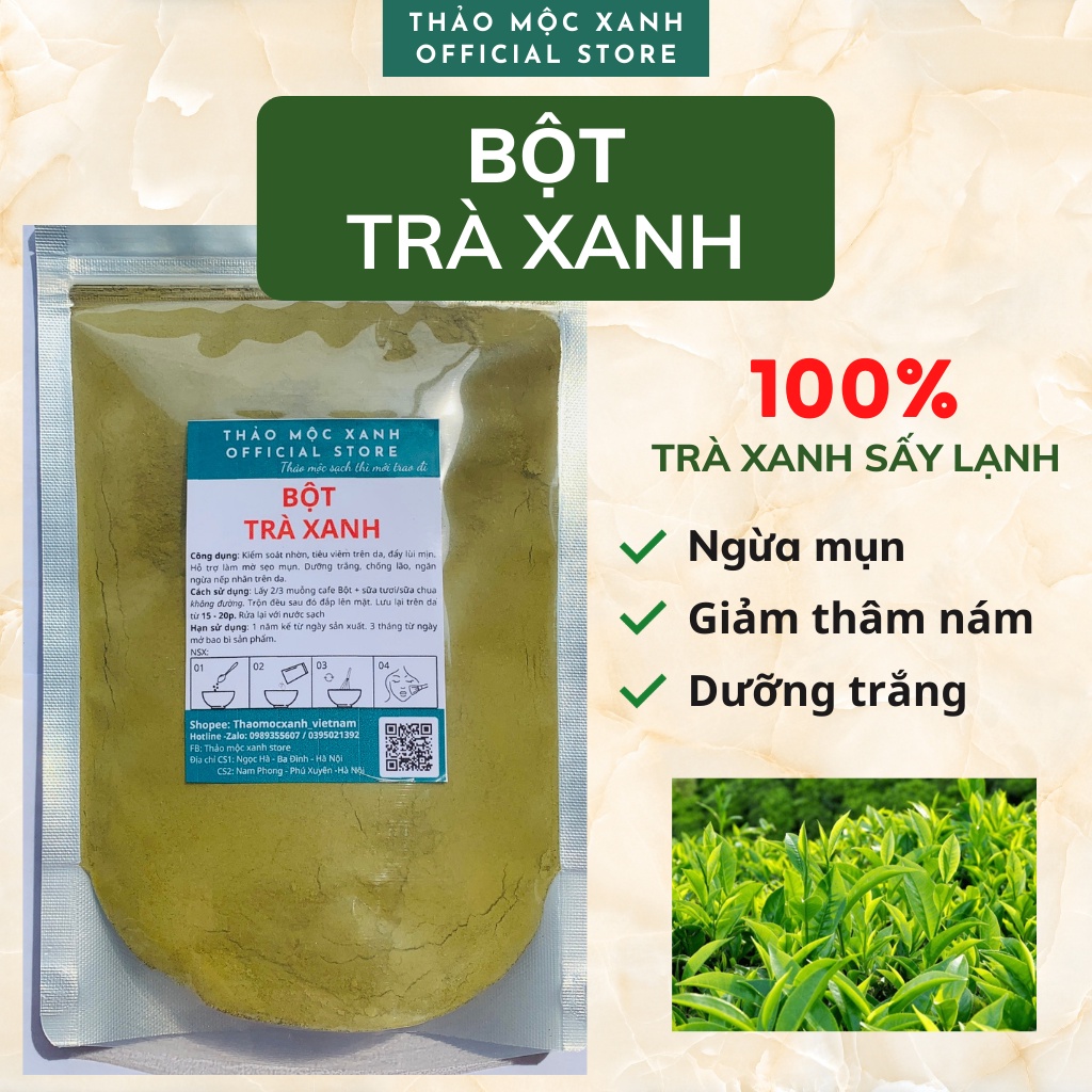 Bột trà xanh nguyên chất organic - mỹ phẩm handmade - giảm mụn, dưỡng da.