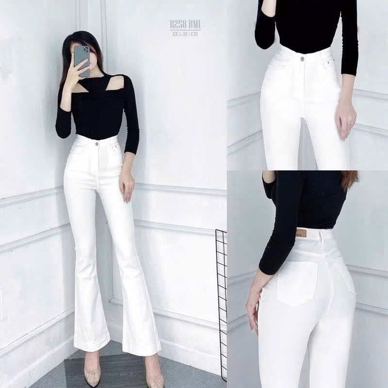  Quần Jean Ống Loe Dáng Đứng Lưng Cao Nữ Vải Kaki Co Giãn Dài Tôn Dáng Màu Trắng Đen 