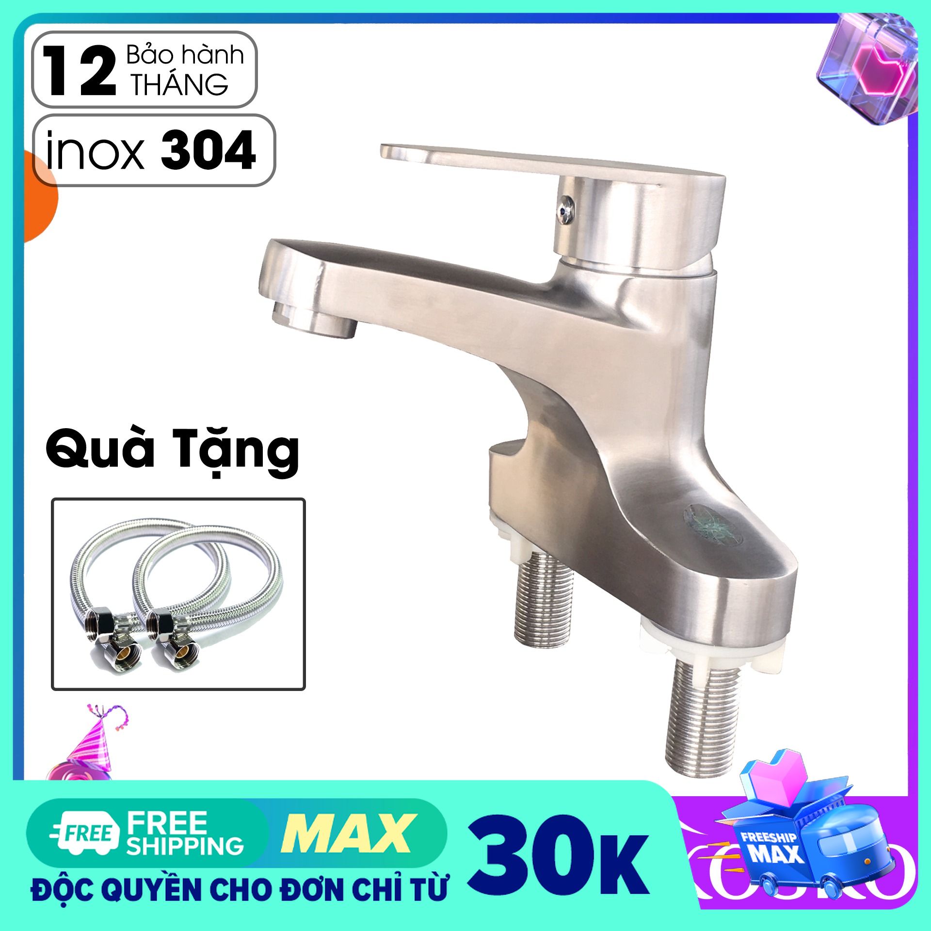 Vòi lavabo nóng lạnh inox SUS 304 (Hàng chuẩn loại 1) Phù hợp với mọi loại chậu rửa mặt 2 lỗ - 3 lỗ (Bảo hành 2 năm 1 đổi 1 trong vòng 7 ngày)