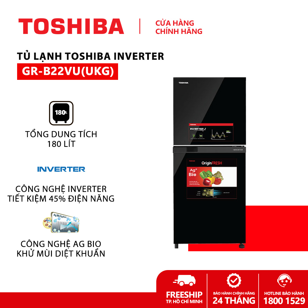 [FREESHIP] Tủ lạnh Toshiba Inverter 180 lít GR-B22VU(UKG) - Nhập khẩu Thái Lan, Hệ thống khử mùi và diệt khuẩn Ag Bio, Ngăn rau quả kích thước lớn 15L, Ngăn đông mềm trữ thịt cá không cần rã đông. Hàng chính hãng, bảo hành 2 năm.