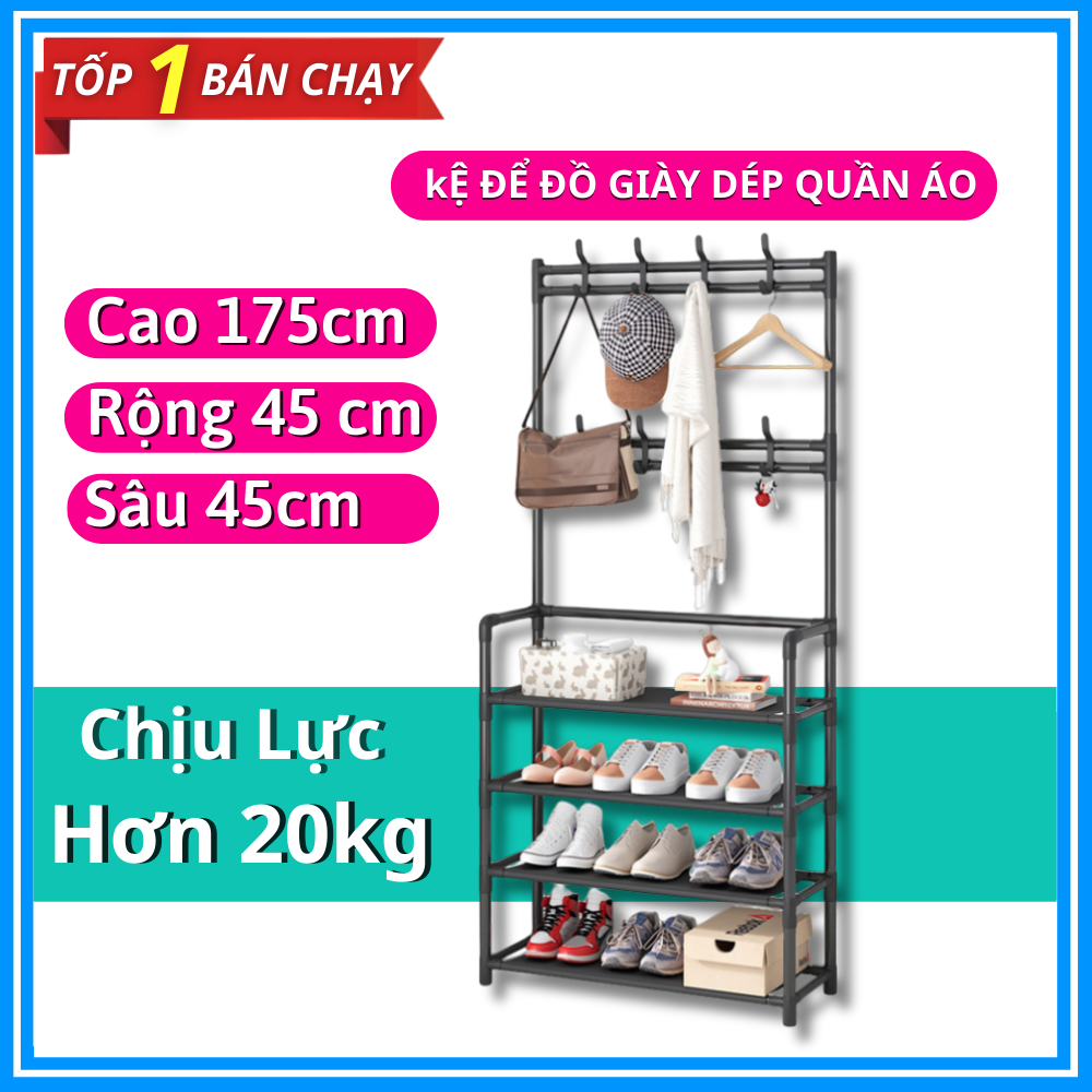 Kệ chữ l để giày dép và treo quần áo, kệ để giày dép 4 tầng-kệ để giày dép thông minh, giá đựng để giày dép 4 tầng đa năng có móc treo đồ phía trên tiện dụng