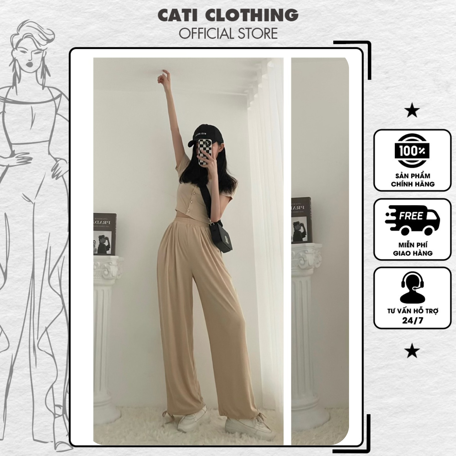 CATI Set Bộ Áo Thun Tăm Crotop Cộc Tay Phối Quần Culottes A2128