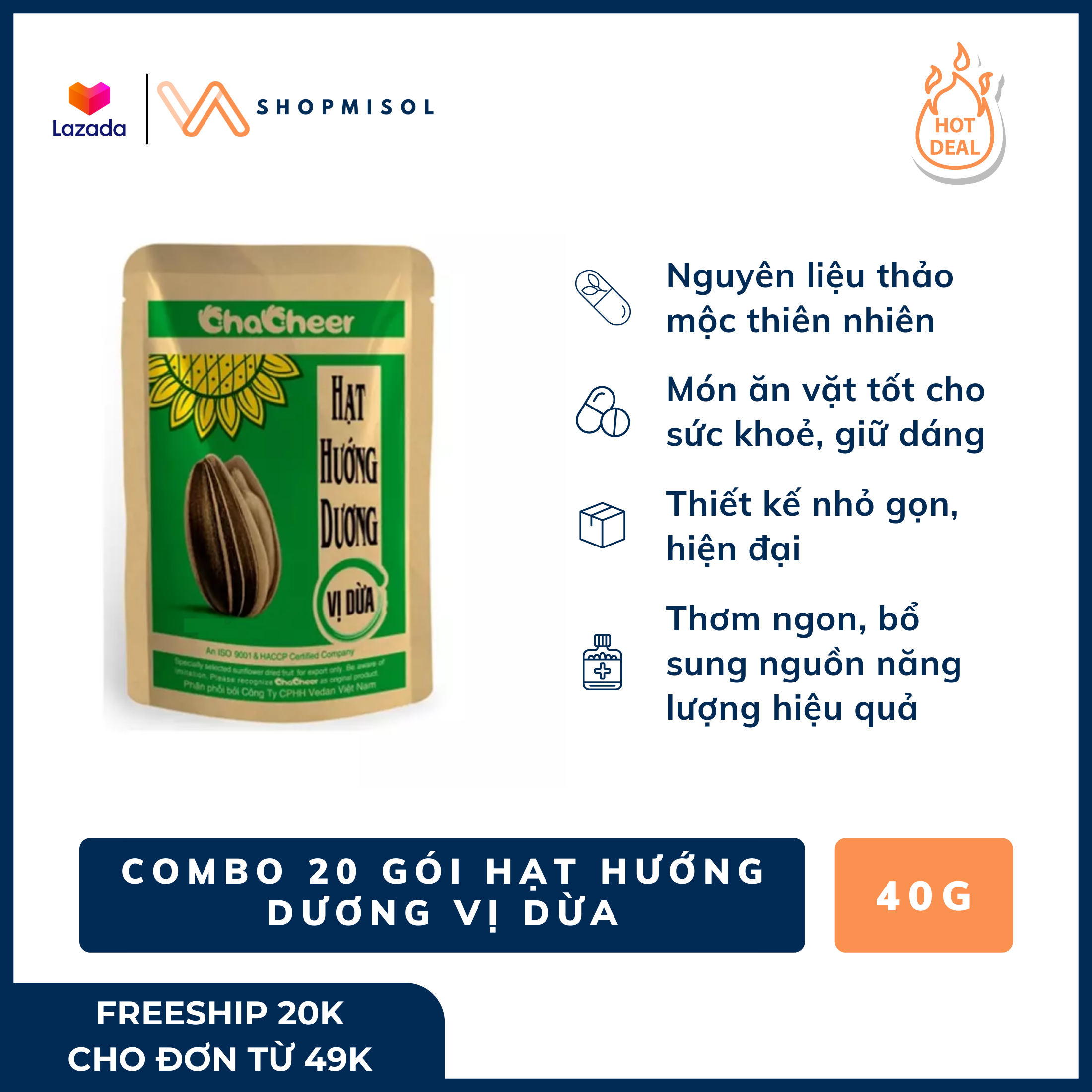 COMBO 20 GÓI Hạt hướng dương Chacheer vị dừa LOẠI 40G - Thơm ngon, giàu dinh dưỡng, thiết kế nhỏ gọn, thích mang theo bên người