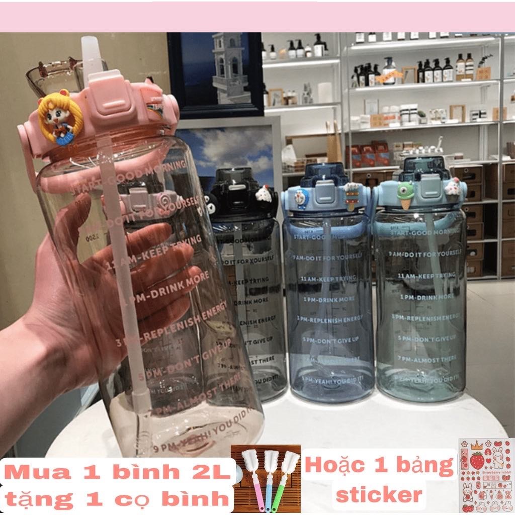 BÌNH ĐỰNG NƯỚC CAO CẤP 2 LÍT ( 2000ML ) CHIA VẠCH, BÌNH NƯỚC THỂ THAO CÓ ỐNG HÚT & STICKER TẶNG KÈM - BÌNH NƯỚC TMBOOKS