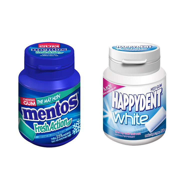 Kẹo cao su sing gum Mentos Happydent dạng hũ 56g
