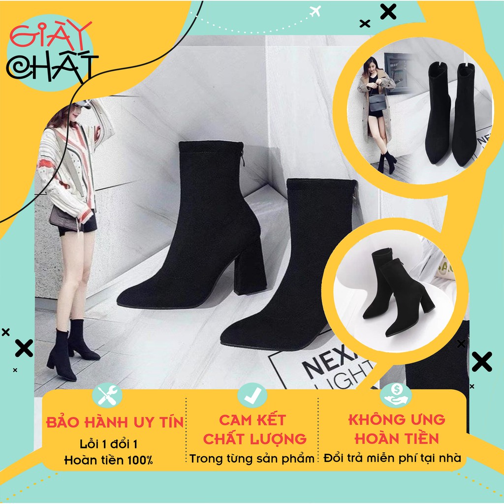 Giày bốt nữ da lộn cao cấp hót trends, bốt nữ cổ cao gót vuông 7cm hàng siêu hot - kèm ảnh thật