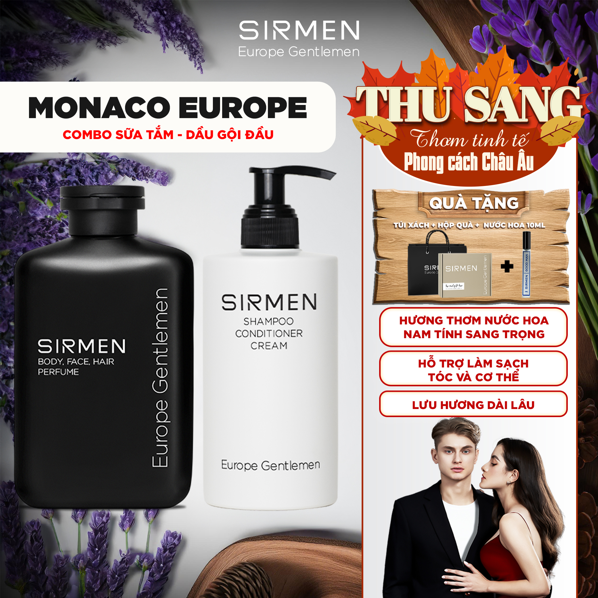 Combo Monaco Europe Sữa tắm gội nam 4 in 1 và Dầu gội nam 3 in 1 hương nước hoa châu Âu SIRMEN Europe Gentlemen chiết xuất công nghệ tiên tiến