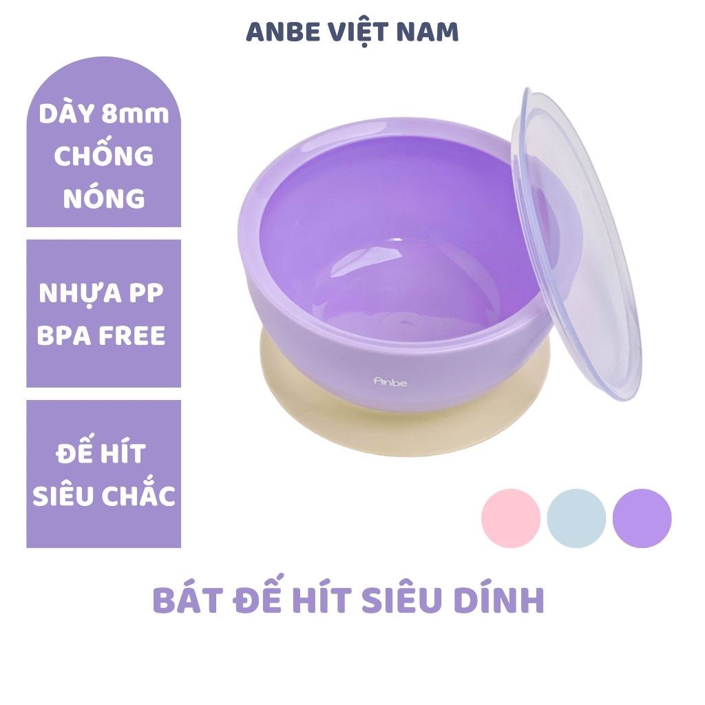 Chén bát ăn dặm cho bé chống đổ đế hít silicone anbe việt nam cách nhiệt kèm nắp 400ml an toàn chính hãng cbđh1