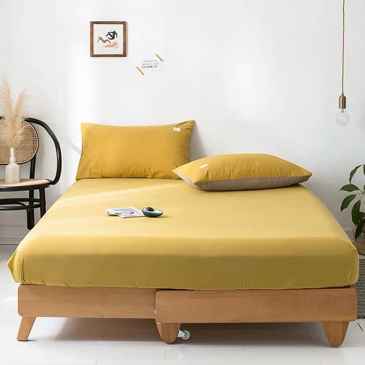 Set ga gối trải giường (1 ga trải giường + 2 vỏ gồi nằm) tici cotton màu vàng