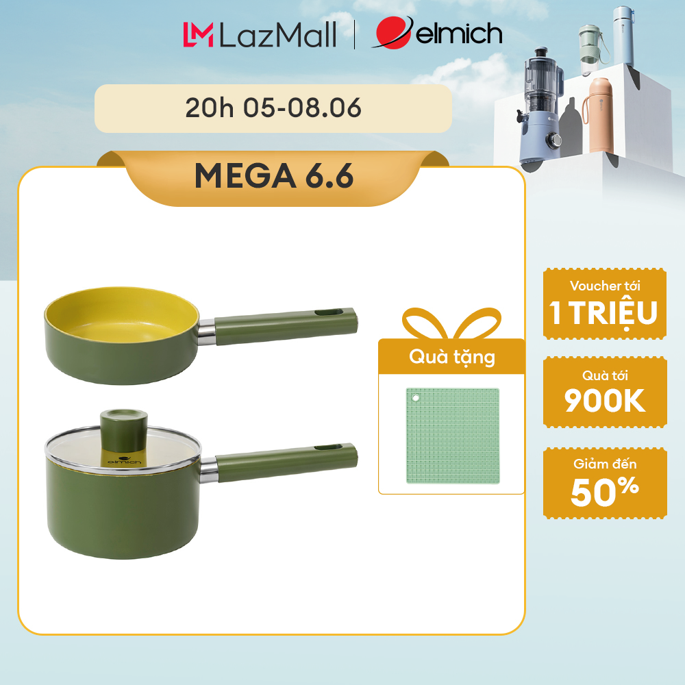 (MEGA 6.6)Bộ nồi chảo phủ sứ an toàn Elmich Olive Baby EL5242OV16 size 16cm