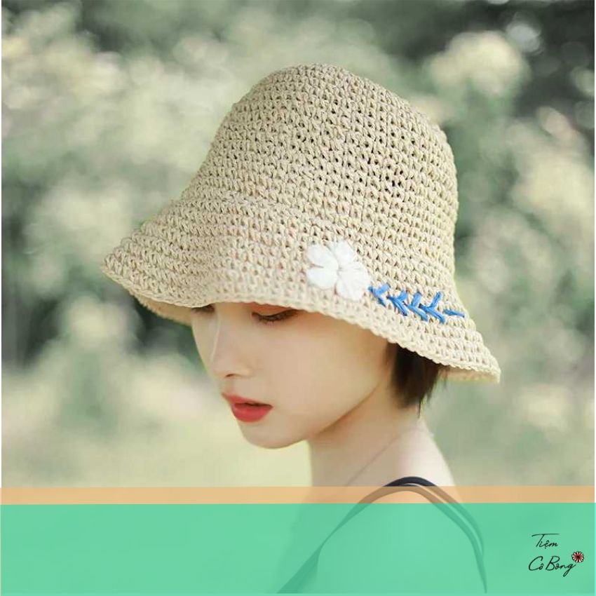 Mũ Bucket cói mềm thêu hoa lá nữ tính