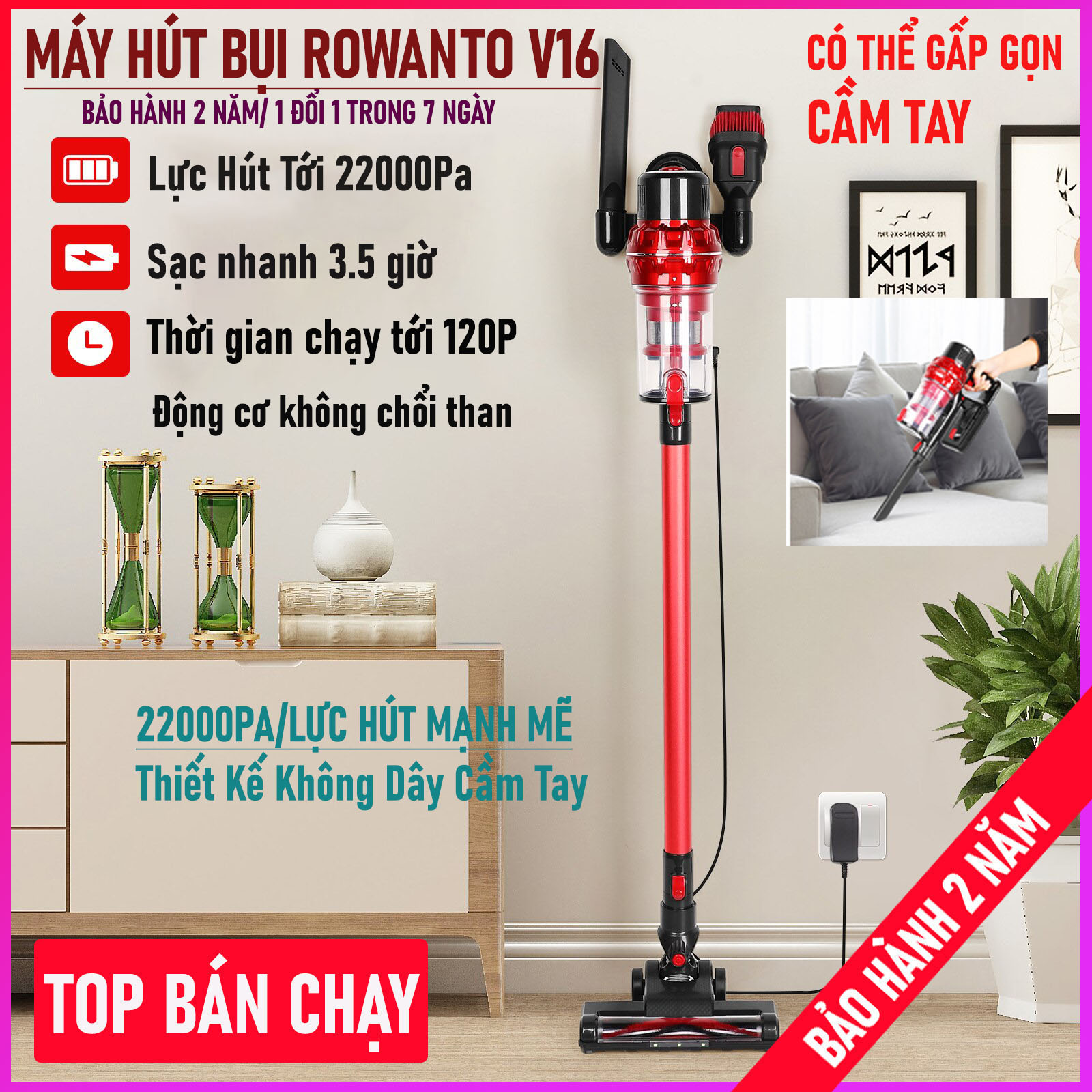 Máy hút bụi giường nệm Không Dây ROWANTO V16 cho gia đình, máy hút bụi thông minh giá rẻ cầm tay, máy hút bụi công nghiệp đa năng, máy hút bụi cầm tay mini pin sạc, lực hút mạnh 22000Pa,may hut bui giuong nem, may hut bui mini cam tay
