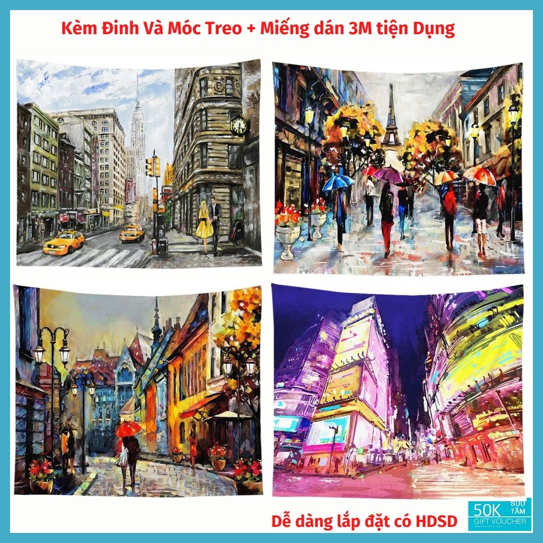 Tranh vải treo tường Decor phòng phong cách Vintage sơn dầu city  KÍCH THƯỚC LỚN 150x130cm Tặng Kèm Móc Treo, Đinh đóng