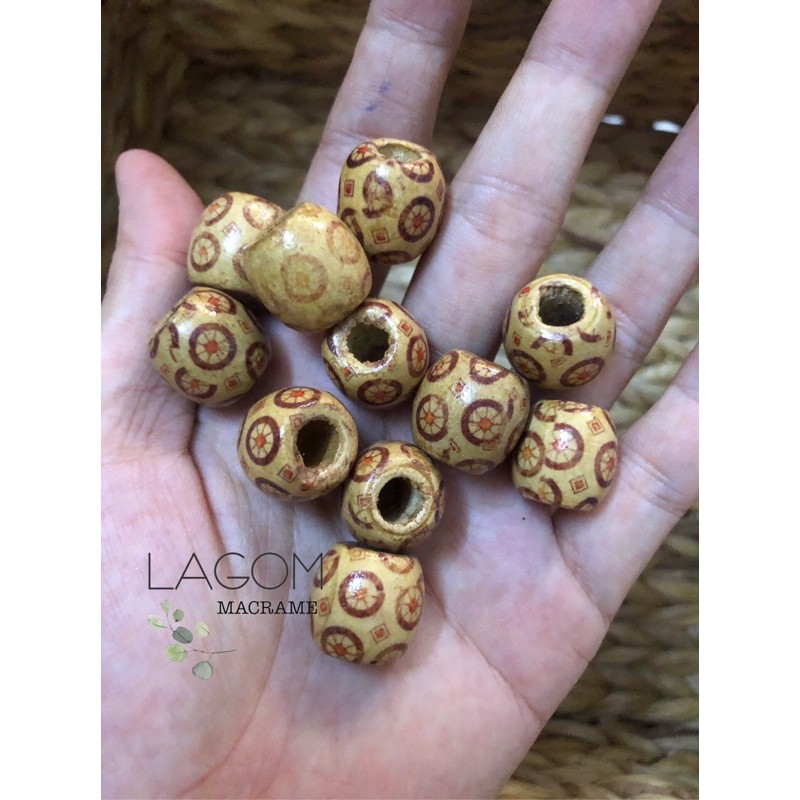Túi 10 hạt gỗ hoa văn size 16 mm