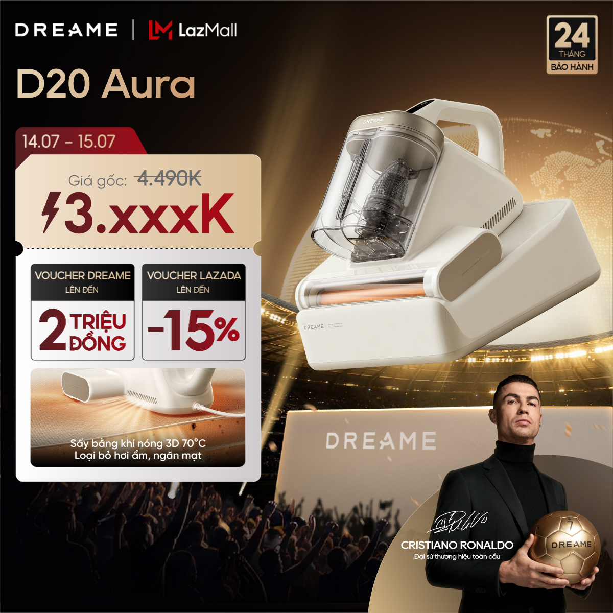Dreame D20 Aura Máy hút bụi giường nệm diệt khuẩn LED UV | lực hút 16.000Pa | sấy khí nóng 3D 70°C | BH 24 tháng