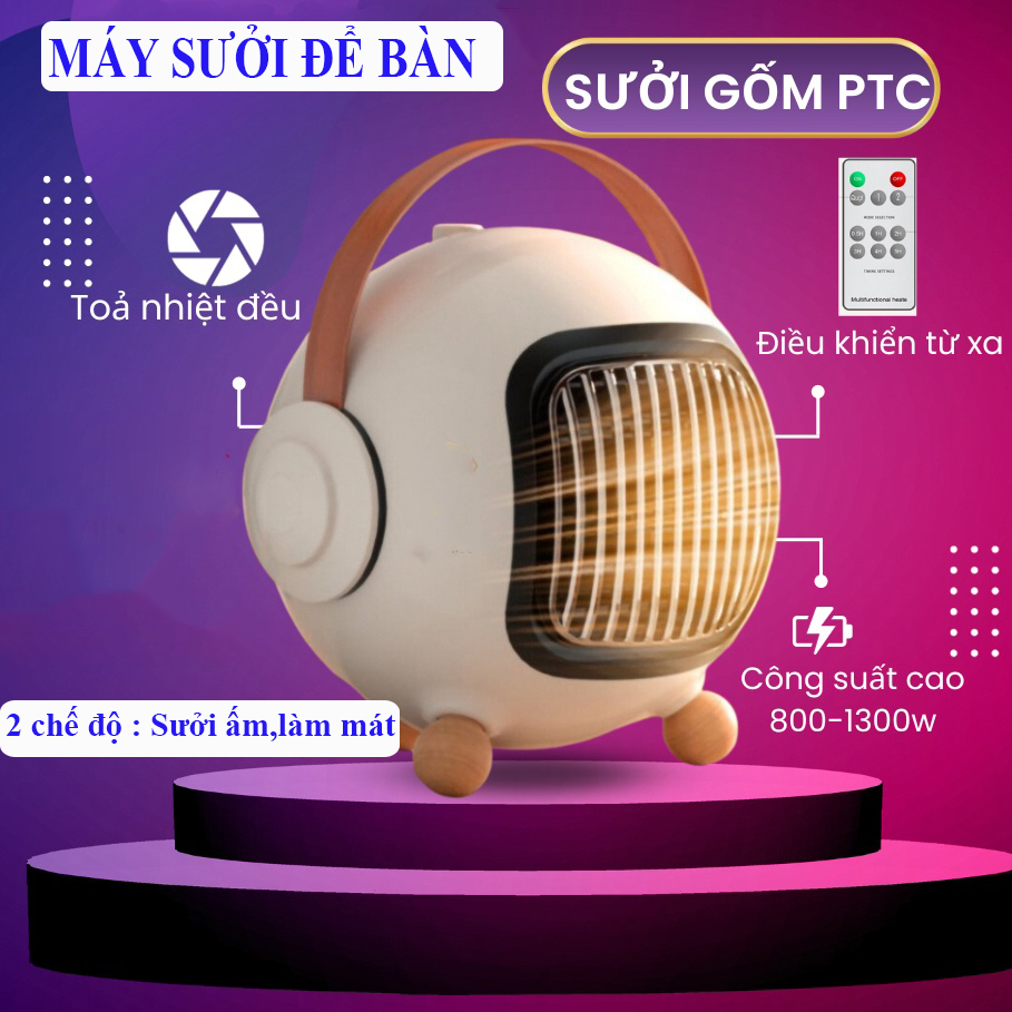 Quạt sưởi để bàn cao cấp 800W, đèn sưởi công nghệ sưởi gốm PTC ceramic tích hợp điều khiển từ xa hẹn giờ tản gió, quạt sưởi ấm 2 chiều nóng lạnh chế độ ấm nhanh sau 3s, an toàn không khô da, Máy Sưởi Công Suất Lớn