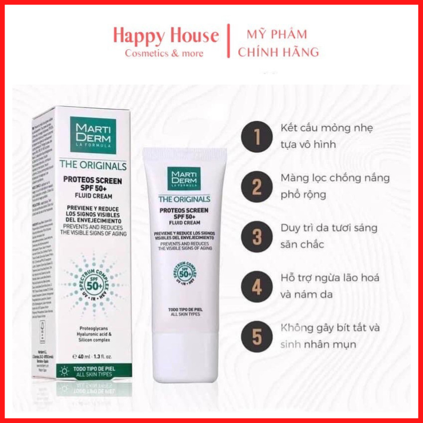 Kem chống nắng martiderm proteos screen spf 50+ fluid cream – marti derm phổ rộng 40ml