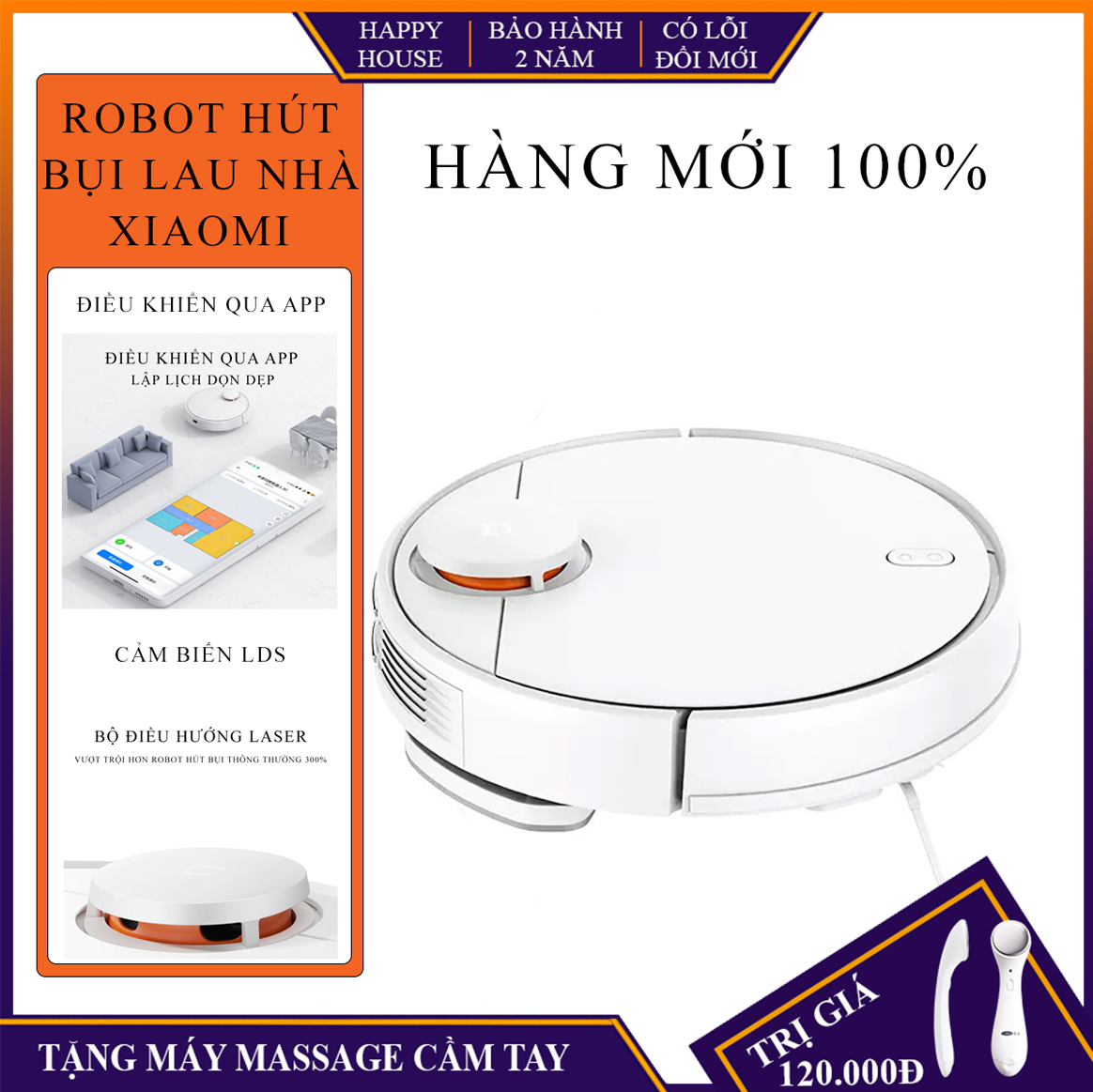 Robot hút bụi lau nhà Xiaomi Mija 3C lau khô ướt hộp nước riêng sạc tự động cảm biến chống va đập điều khiển qua app