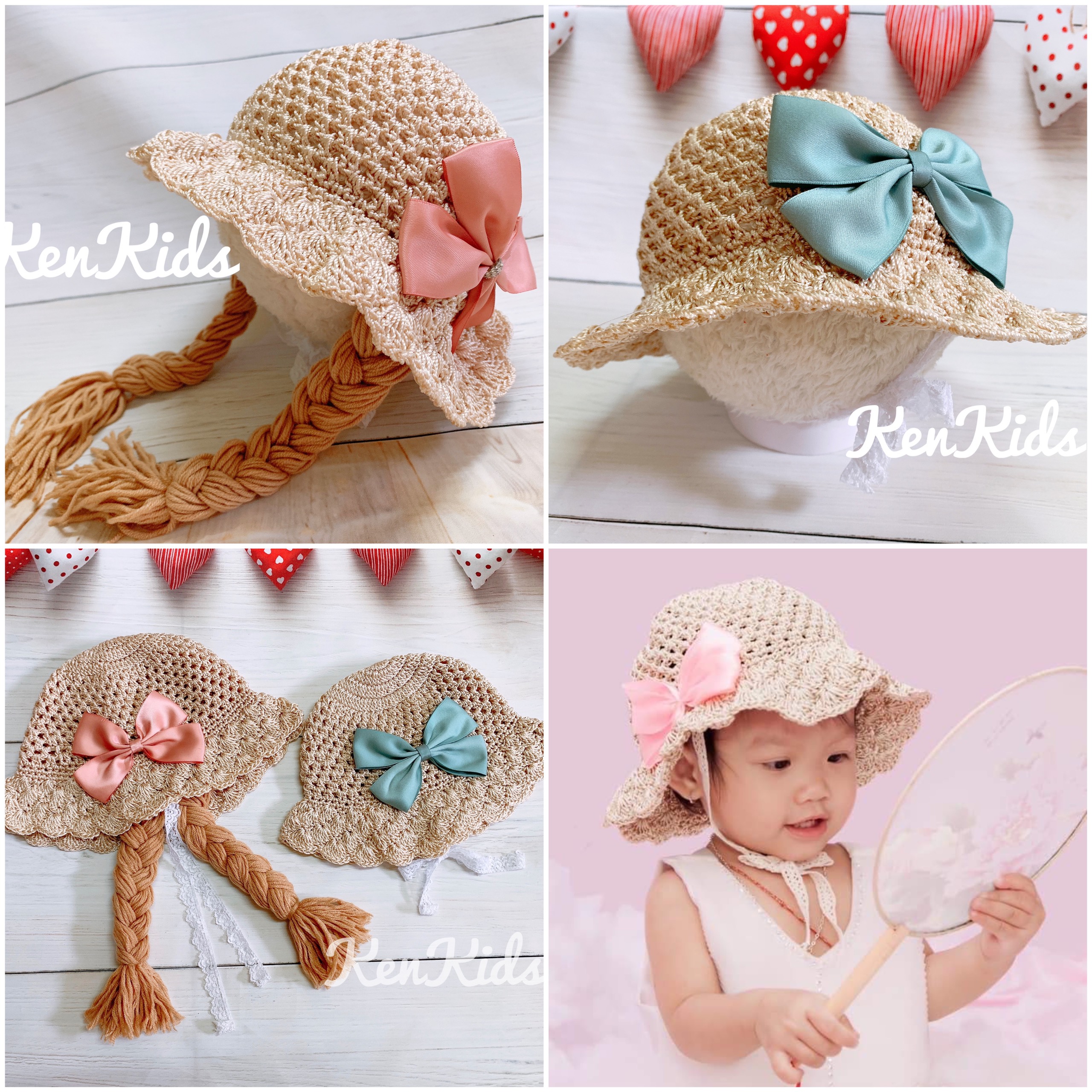 (Dưới 3 tuổi) 1 Nón mũ cói vành phối nơ bím tóc cho bé - loại đẹp