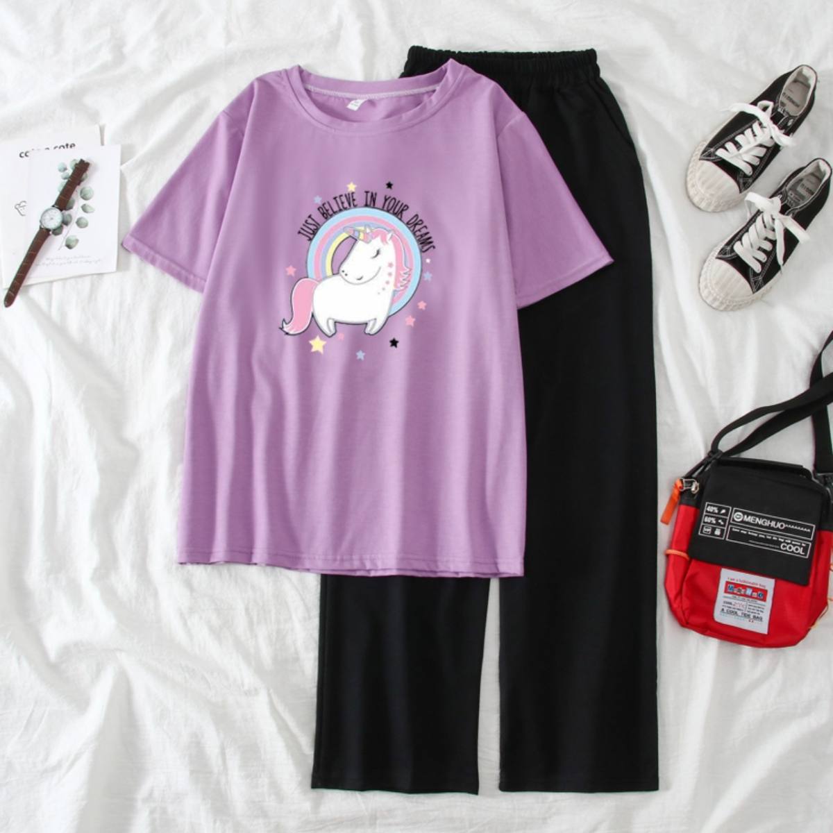 [HAN HAN SHOP 48] Sét Bộ Đồ Quần Áo Nữ Mùa Hè Mặc Đi Chơi Dạo Phố Dễ Thương, Mặc Ở Nhà, Áo Phông Tím Cotton Organic Ngắn Tay Cổ Tròn Mát Mịn In Hoạt Hình 3D Ngựa Cầu Vồng Kèm Quần Thun Cát Phong Cách Teen Cute Hàn Quốc
