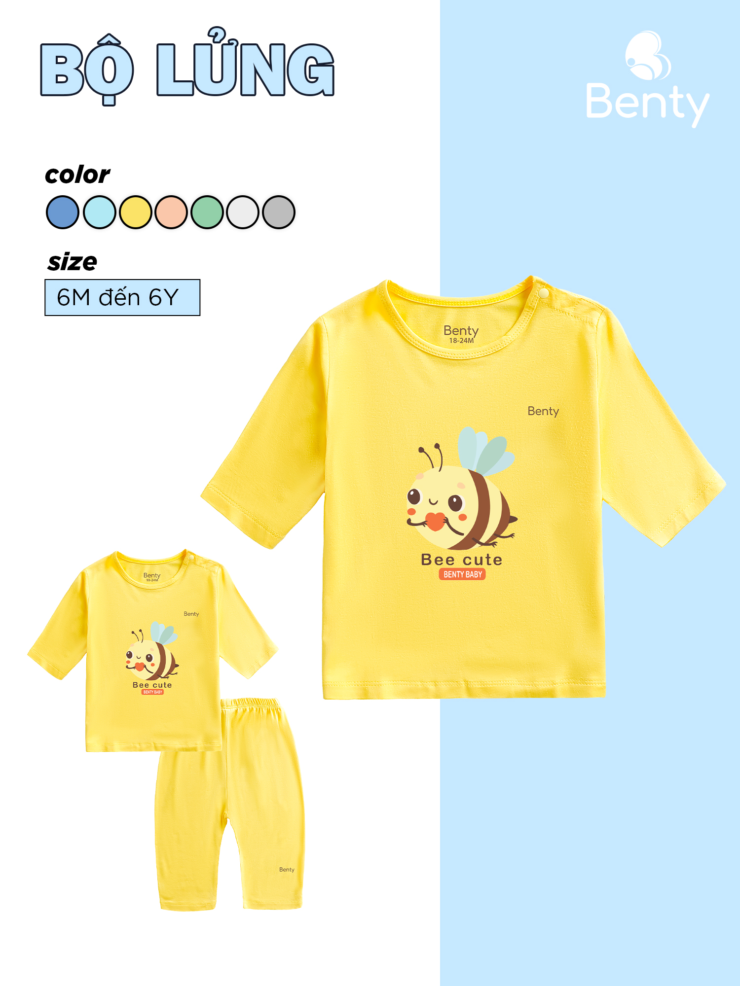  Bộ cài vai áo lửng quần lửng in hình BENTY BT036 chất liệu vải mềm mịn cao cấp cho bé trai bé gái 