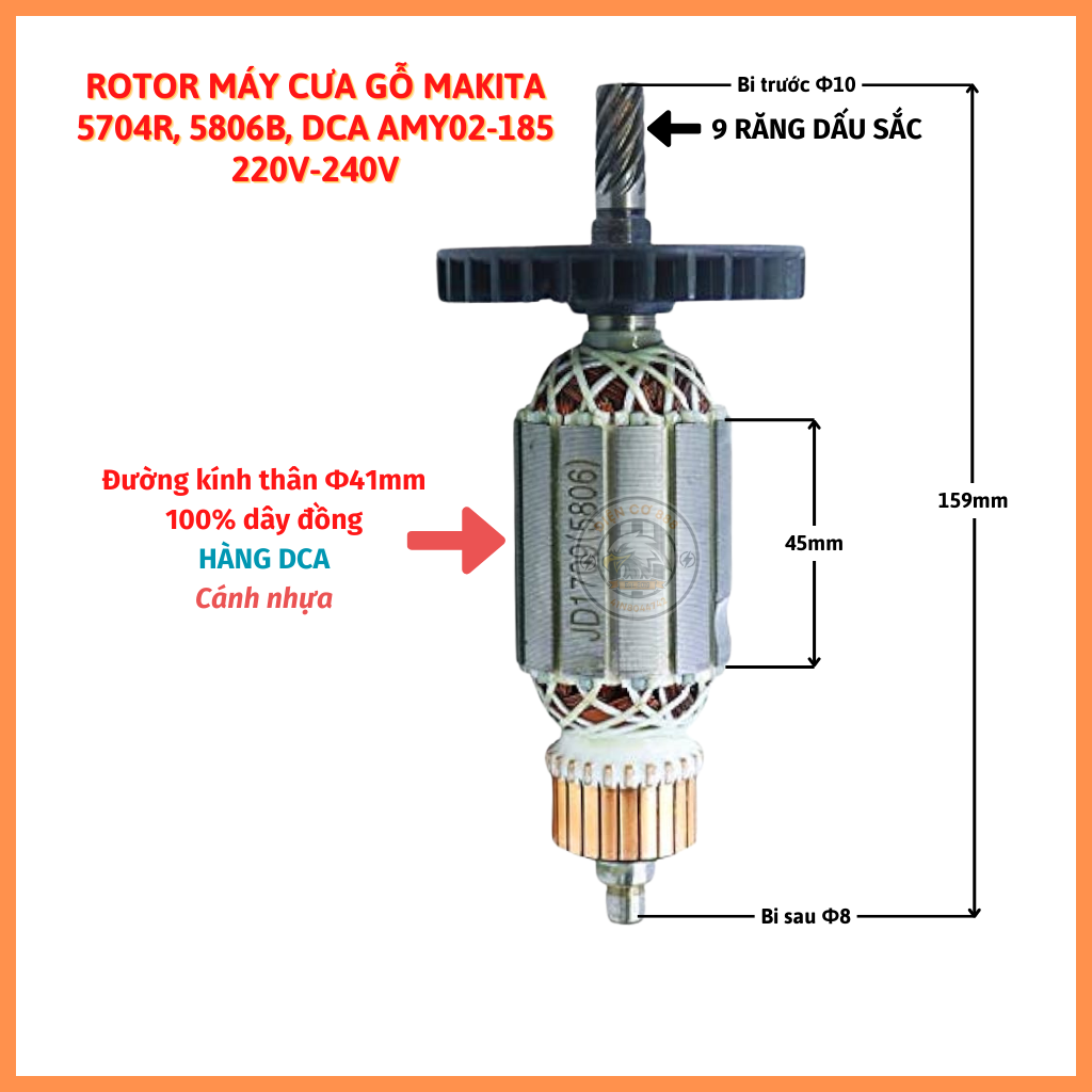 Rotor máy cưa gỗ makita 5704r, 5806b, dca amy02-185, amy185 220v - tặng chổi than